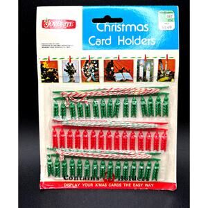 Christmas Card Holder Plastic Pegs Red/Green/White Striped Cotton String NOS